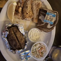 The Rock Bar II - Pan seared cod, baked potato, coleslaw, and marble rye bread