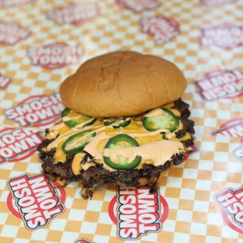 Smosh Town - O NO Way! Double - Double Smashed Wagyu beef patties with grilled onions, double cheese, pickles, jalapeños, SMOSH sauce. - Burgers Near Me - Glendale, California Smosh Town - O NO Way! Double - Double Smashed Wagyu beef patties with grilled onions, double cheese, pickles, jalapeños, SMOSH sauce. - Burgers Near Me - Glendale, California