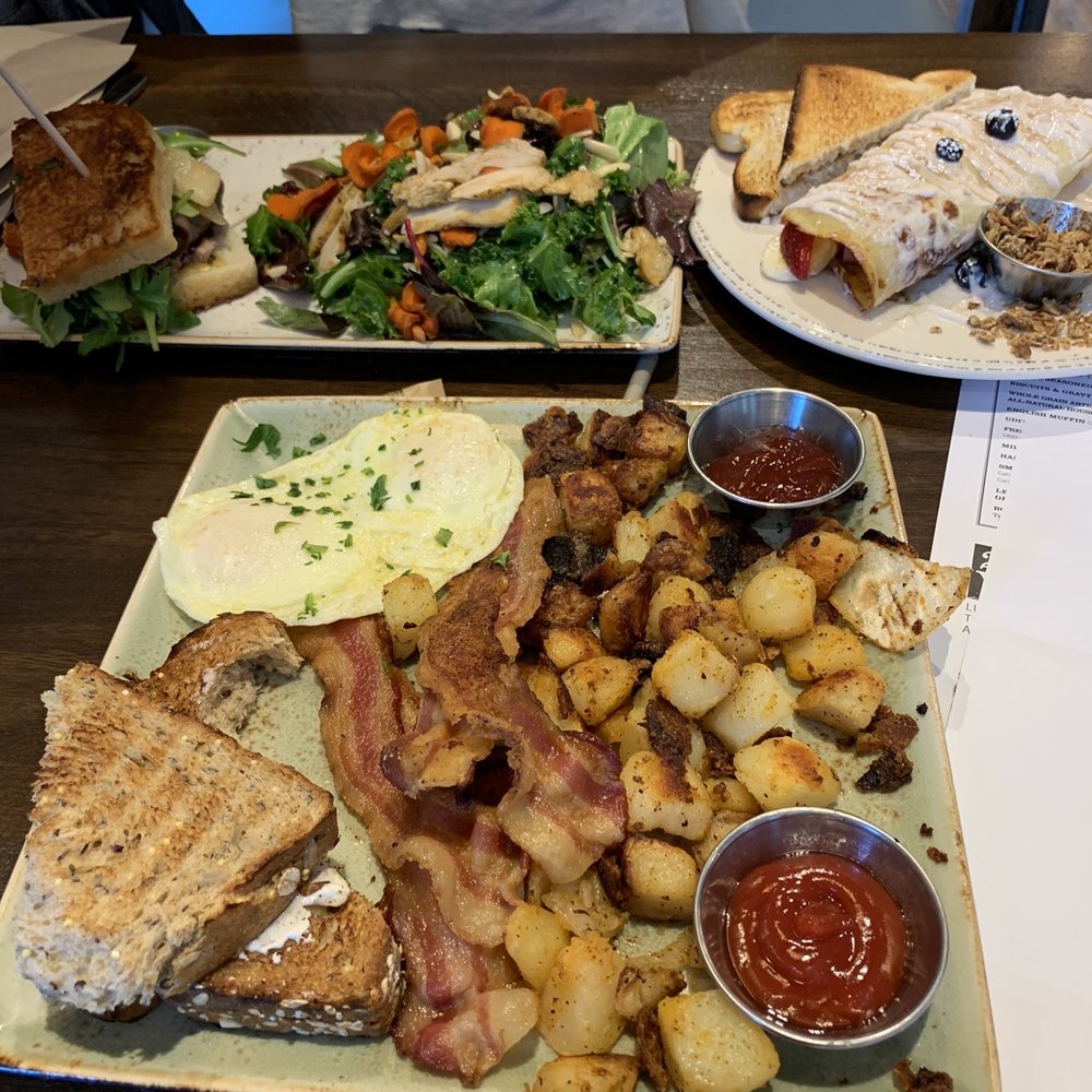 First Watch - The Traditional (closest), Super Kale salad/roast beef sandwich (top left), strawberry banana crepe (kids menu - top right) - Breakfast & Brunch Near Me - Centennial, Colorado