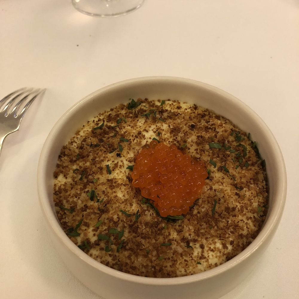 La Mère Brazier - Young Potatoes Bearnaise with smoked eel and trout eggs- my favorite savory dish - French Near Me - Lyon, 69