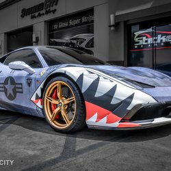 Photo of Sticker City - Sherman Oaks, CA, US. Ferrari 458 Speciale Air Force shark wrap inspired by the A10 Warthog.