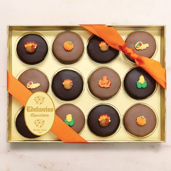 Edelweiss Chocolates - Gourmet Chocolate Covered Oreos decorated with edible Thanksgiving charms - Candy Stores Near Me - Beverly Hills, California Edelweiss Chocolates - Gourmet Chocolate Covered Oreos decorated with edible Thanksgiving charms - Candy Stores Near Me - Beverly Hills, California