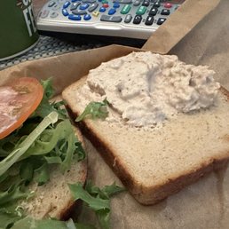 This is supposed to be a tuna salad sandwich. There is probably 2 tablespoons of tuna on the bread, which is not full sized. This is supposed to be a tuna salad sandwich. There is probably 2 tablespoons of tuna on the bread, which is not full sized.