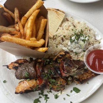 Olive Pit Grill -  Brea - 3 kebab plate with fries and rice pilaf - Greek Near Me - Brea, California