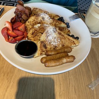 Scrambl'd - French toast with crispy bacon, sausage links and fresh fruit - Breakfast & Brunch Near Me - Oklahoma City, Oklahoma Scrambl'd - French toast with crispy bacon, sausage links and fresh fruit - Breakfast & Brunch Near Me - Oklahoma City, Oklahoma