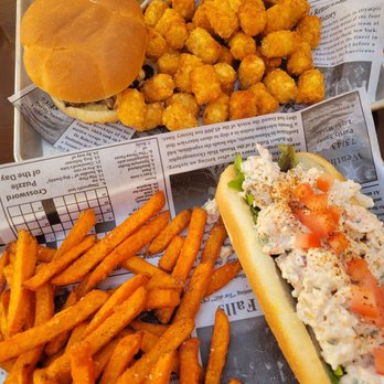 Broken Compass Tiki - TOP: Super Mario Smash Burger with tater tots BOTTOM: Shrimp & Lobster Roll with sweet potato fries - New American Near Me - Burbank, California Broken Compass Tiki - TOP: Super Mario Smash Burger with tater tots BOTTOM: Shrimp & Lobster Roll with sweet potato fries - New American Near Me - Burbank, California