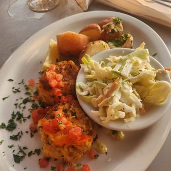 St Augustine Fish Camp - Crab cakes with roasted potato and coleslaw - Seafood Near Me - St Augustine, Florida St Augustine Fish Camp - Crab cakes with roasted potato and coleslaw - Seafood Near Me - St Augustine, Florida