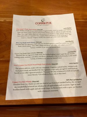 Menu photo 7 Copper Fox Distillery Sperryville, VA