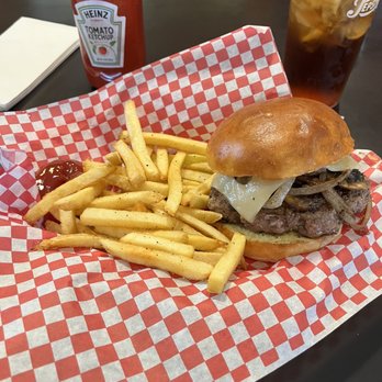 Dog Tracks Diner - Mushroom Onion Swiss burger with fries, James Tea Sweet Tea. - Diners Near Me - Wellington, Ohio