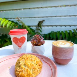 Herb & Cheddar Scone, Oat Latte, The Doctor (8 oz).