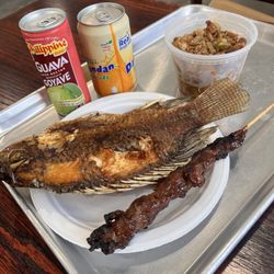 Asian Mart - Sisig at the background, BBQ pork and BBQ fish with Pinoy drinks
