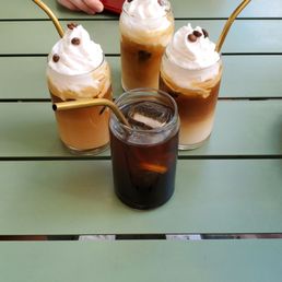 One old brew up front, with three salted caramel lattes One old brew up front, with three salted caramel lattes