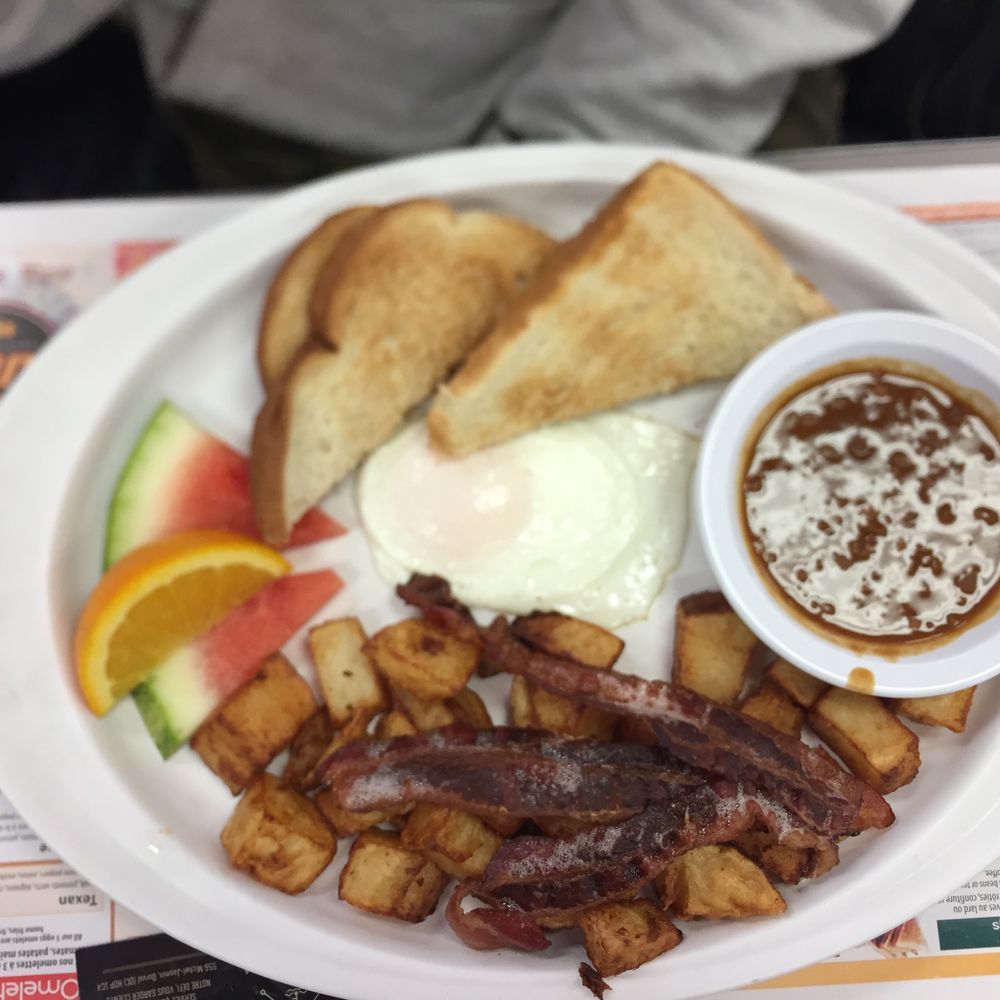 Breakfast, order 1 egg with meat and you get all of this plus a coffee!
