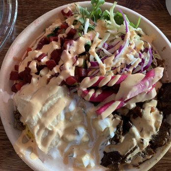 SAJJ Mediterranean - Chicken Shawarma/pomegranate chicken combo in salad/rice combo bowl - Mediterranean Near Me - San Mateo, California SAJJ Mediterranean - Chicken Shawarma/pomegranate chicken combo in salad/rice combo bowl - Mediterranean Near Me - San Mateo, California