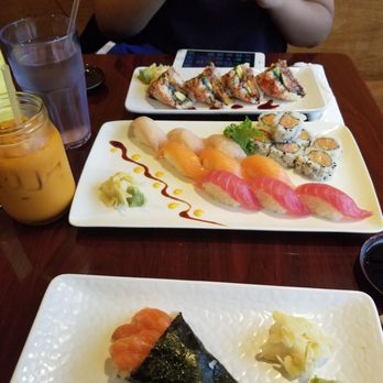 Sushi Island - Top: Paradise Roll Middle: Tricolor sushi platter and thai iced tea Bottom: Salmon hand roll - Sushi Bars Near Me - Elmhurst, New York