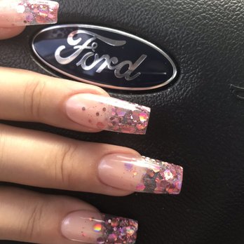 Be Polished Nails-Spa - Clear set with pink glitter!!! - Waxing Near Me - Vista, California