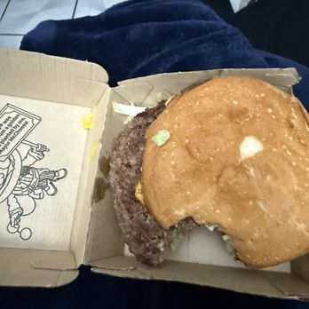 McDonald's - Burger not centered stuck on cheese edge off box - Fast Food Near Me - West Covina, California