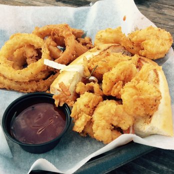 Uptown Scratch Kitchen - Half Shrimp Po-Boy w/ BBQ Sauce and Onion Rings - Food Trucks Near Me - Saint Augustine, Florida