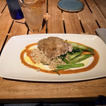 Jake's - Pecan crusted Seabass, with brown rice and bok choy - New American Near Me - Del Mar, California