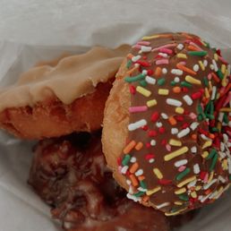 buttermilk maple, cake donut with sprinkles and the apple fritter :) buttermilk maple, cake donut with sprinkles and the apple fritter :)