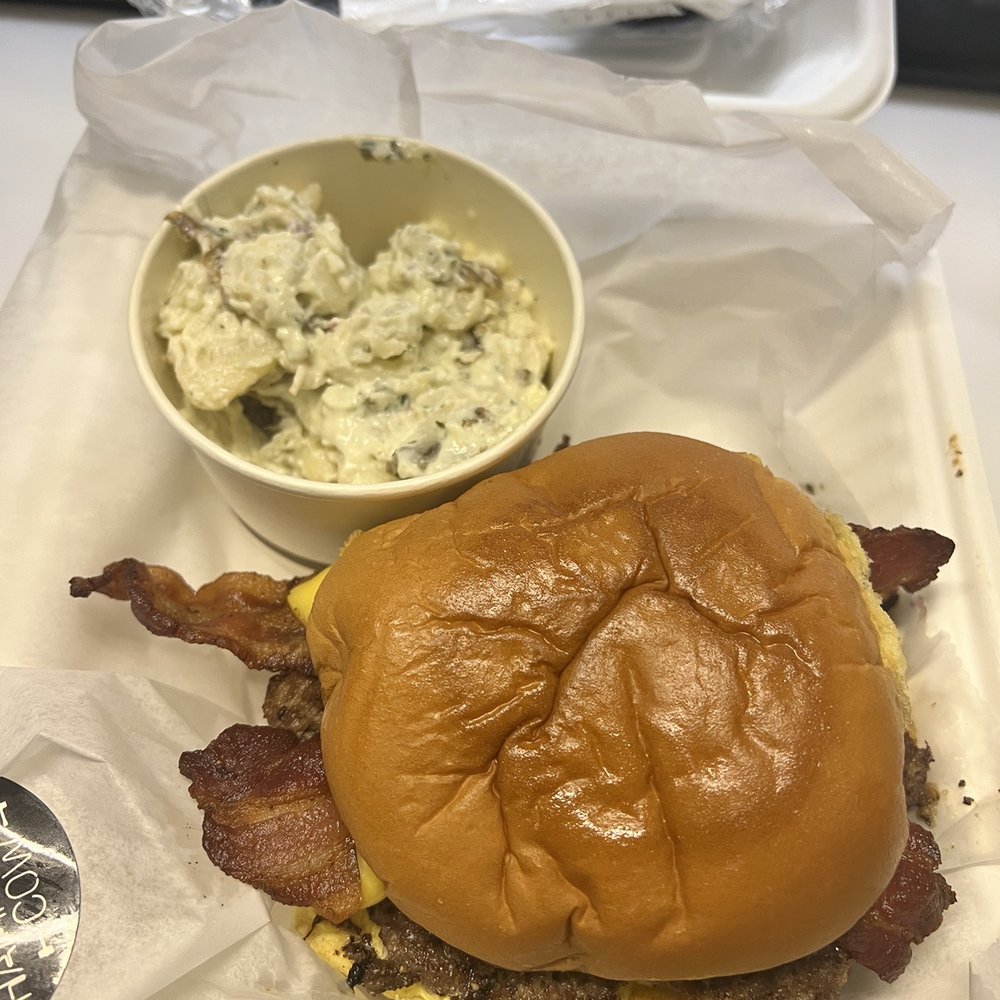 Hammered Cow - Hangover burger with potato salad - Burgers Near Me - Mobile, Alabama Hammered Cow - Hangover burger with potato salad - Burgers Near Me - Mobile, Alabama