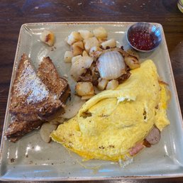 Artisan Toast, Home fries, and The works omelette