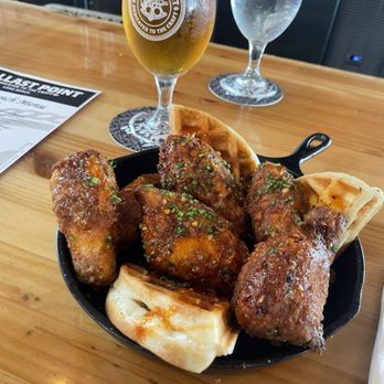 Ballast Point Brewing Long Beach - Chicken and Waffels and a glass of their speedboat beer - Breweries Near Me - Long Beach, California