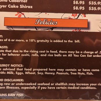 Tokyo Sushi - Policies listed in the Tokyo Sushi menu. None of which mention a member of your party can't order a la carte. - Sushi Bars Near Me - Reno, Nevada Tokyo Sushi - Policies listed in the Tokyo Sushi menu. None of which mention a member of your party can't order a la carte. - Sushi Bars Near Me - Reno, Nevada
