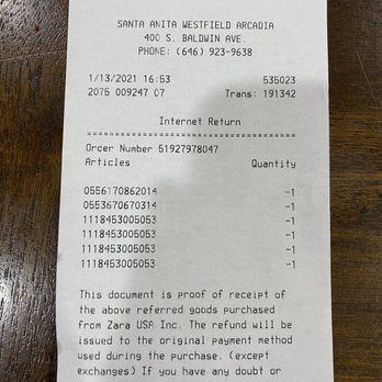 Zara - My return receipt, date stamped TODAY 1/13/2021 at 4:53 pm - Women's Clothing Near Me - Arcadia, California