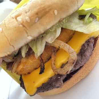 French Fries - Single burger with add on's of an onion ring and grilled onions. Tasty! - Burgers Near Me - Arroyo Grande, California