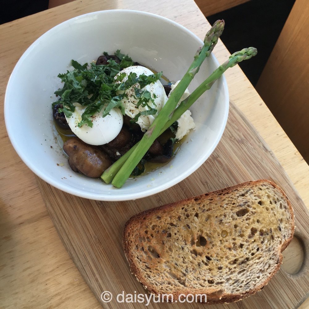 Mushrooms and asparagus with poached eggs