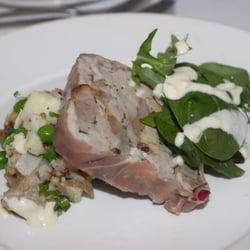 The Douglas Hotel Bistro - Confit Pork Terrine, Pea & Bacon Salad, Garlic Oil & Horseradish Dressing