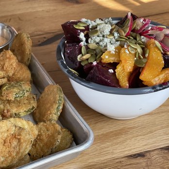 Camp Outpost - Fried pickles and roasted beets - New American Near Me - San Antonio, Texas Camp Outpost - Fried pickles and roasted beets - New American Near Me - San Antonio, Texas