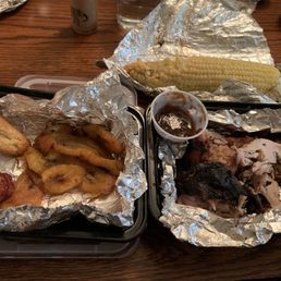 Sweet potato, corn, plantains, festival bread (almost like a sweet cornbread ish thing) and the 1/2 chicken.