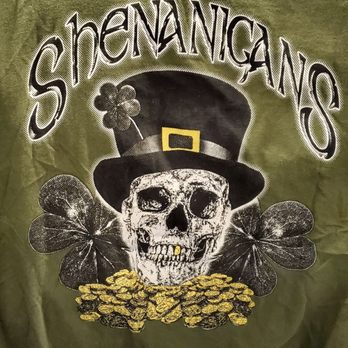 Goodwill - Shirt says, "Shenanigans". Has a skull w/ top hat, clovers, and gold coins! - Thrift Stores Near Me - Grass Valley, California