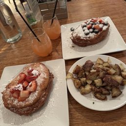Stuffed french toast, home fries and mimosas