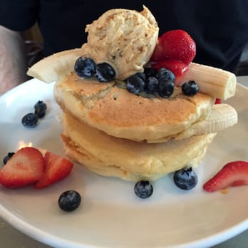 Five Leaves - Ricotta Pancakes ($13); honeycomb butter, bananas, blueberries, strawberries, & severed 100% pure maple syrup. - New American Near Me - Brooklyn, New York Five Leaves - Ricotta Pancakes ($13); honeycomb butter, bananas, blueberries, strawberries, & severed 100% pure maple syrup. - New American Near Me - Brooklyn, New York