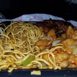 2 entree plate with a side: Chow mein, sweet fire chicken and Shanghai Angus steak. Wasn't as good tonight as it usually is. 2 entree plate with a side: Chow mein, sweet fire chicken and Shanghai Angus steak. Wasn't as good tonight as it usually is.