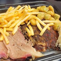 Two meat combo brisket, baby back ribs, fries and Okra