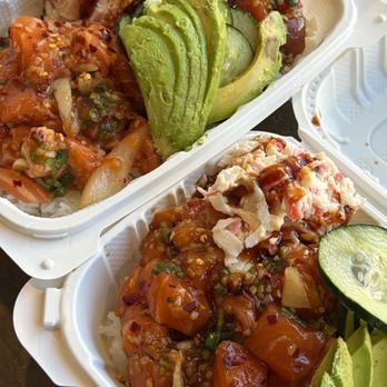 Ry's Poke Shack - Mayjah (large size, 2 scoops) of Ahi and Salmon (left) and the regular size in the right! - Hawaiian Near Me - Huntington Beach, California Ry's Poke Shack - Mayjah (large size, 2 scoops) of Ahi and Salmon (left) and the regular size in the right! - Hawaiian Near Me - Huntington Beach, California
