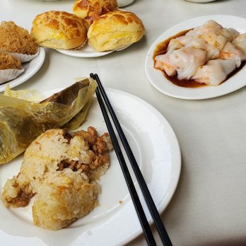 Mayflower Restaurant - Top left to right - Deep Fried Taro Dumplings, Crispy Top BBQ Baked Pork Bao, Rice Roll Shrimp. Bottom - Lotus Wrapped Sticky Rice - Seafood Near Me - Dublin, California