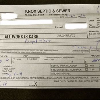 Knox Septic & Sewer Service - Invoice - Septic Services Near Me - Indianapolis, Indiana Knox Septic & Sewer Service - Invoice - Septic Services Near Me - Indianapolis, Indiana