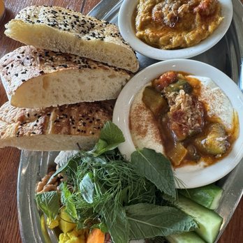 Azizam - fresh herb plate (sabzi khordan), seasonal vegetable yogurt, roasted eggplant (mirza ghasemi) - Persian/Iranian Near Me - Los Angeles, California