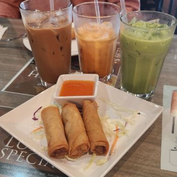 Bhan Thai Lao Kitchen - Veggie spring rolls comes with 4 My new favorite iced coffee along with samples of the Thai green & iced tea - Thai Near Me - Vacaville, California