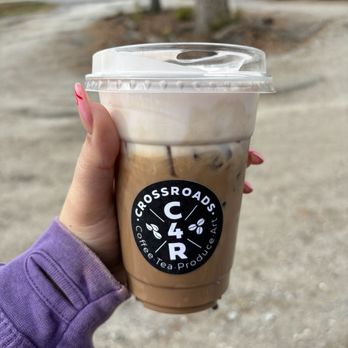 Crossroads 4 Coffee and Tea - Mocha latte w/ strawberry cold foam - Farmers Market Near Me - Simpsonville, South Carolina