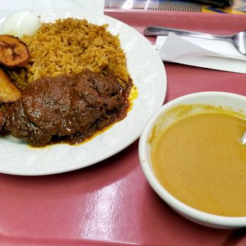 Broni Home Taste Restaurant - So amazing. Spicy peanut soup, rice, beef, boiled egg and plantains. Every single bit of this was good. - African Near Me - Atlanta, Georgia Broni Home Taste Restaurant - So amazing. Spicy peanut soup, rice, beef, boiled egg and plantains. Every single bit of this was good. - African Near Me - Atlanta, Georgia