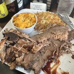Brisket, pulled pork, cornbread casserole and hash browns Brisket, pulled pork, cornbread casserole and hash browns