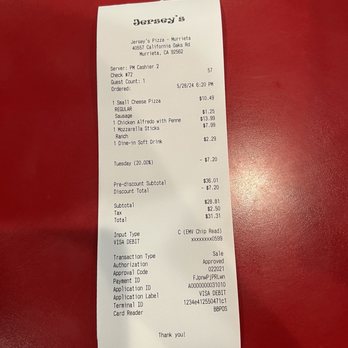 Jersey's Pizza - Murrieta - Receipt - Italian Near Me - Murrieta, California Jersey's Pizza - Murrieta - Receipt - Italian Near Me - Murrieta, California