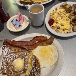 Pancakes, egg & bacon / pancakes, sausage & eggs. Egg and ham scramble with country potatoes. Pancakes, egg & bacon / pancakes, sausage & eggs. Egg and ham scramble with country potatoes.