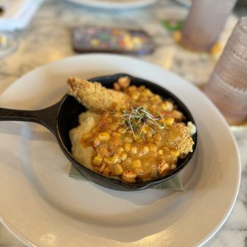 Sugar and Rye - Flounder Skillet! That Maque Choux with Gouda Grits! - Breakfast & Brunch Near Me - Galveston, Texas Sugar and Rye - Flounder Skillet! That Maque Choux with Gouda Grits! - Breakfast & Brunch Near Me - Galveston, Texas